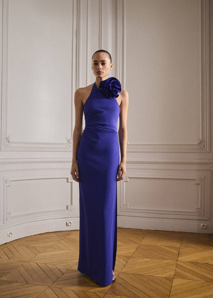 MANGO - Robe emmanchures américaines drapée avec ornement floral bleu - XL