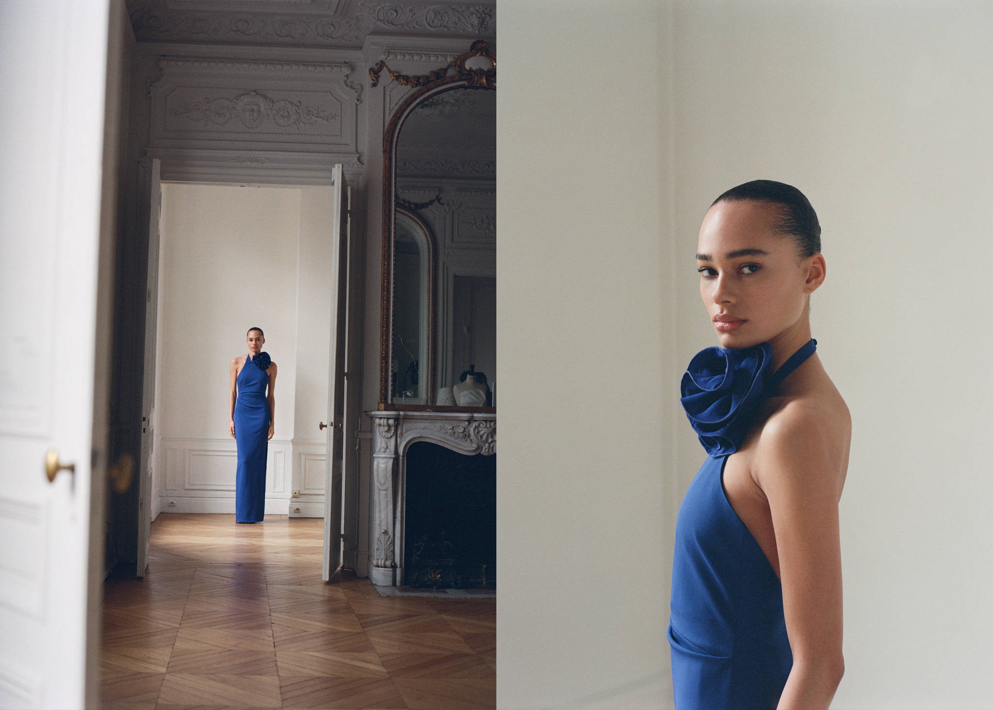 Draped halter-neck dress with flower motif - Panoramic plane