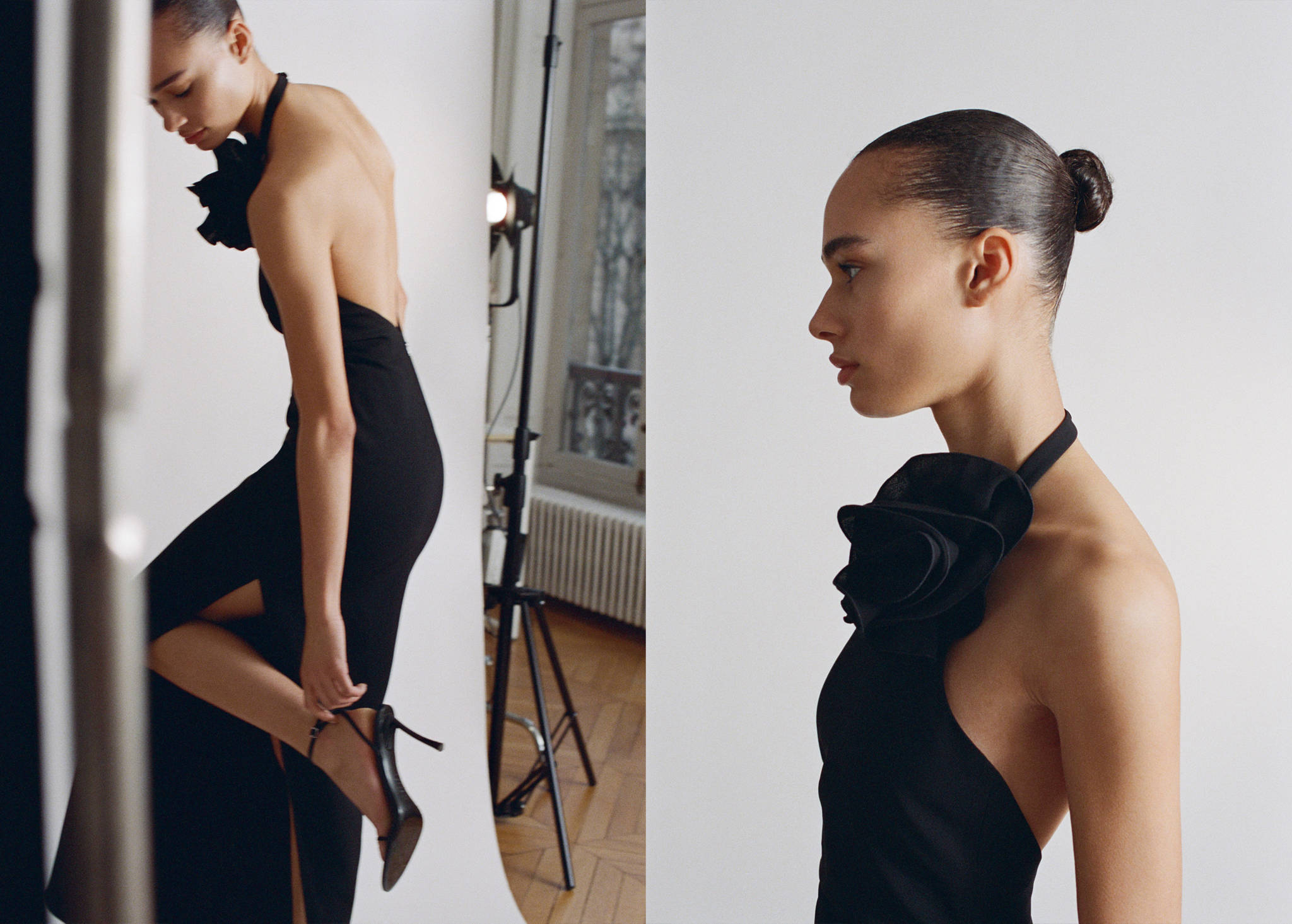 Draped halter-neck dress with flower motif - Panoramic plane