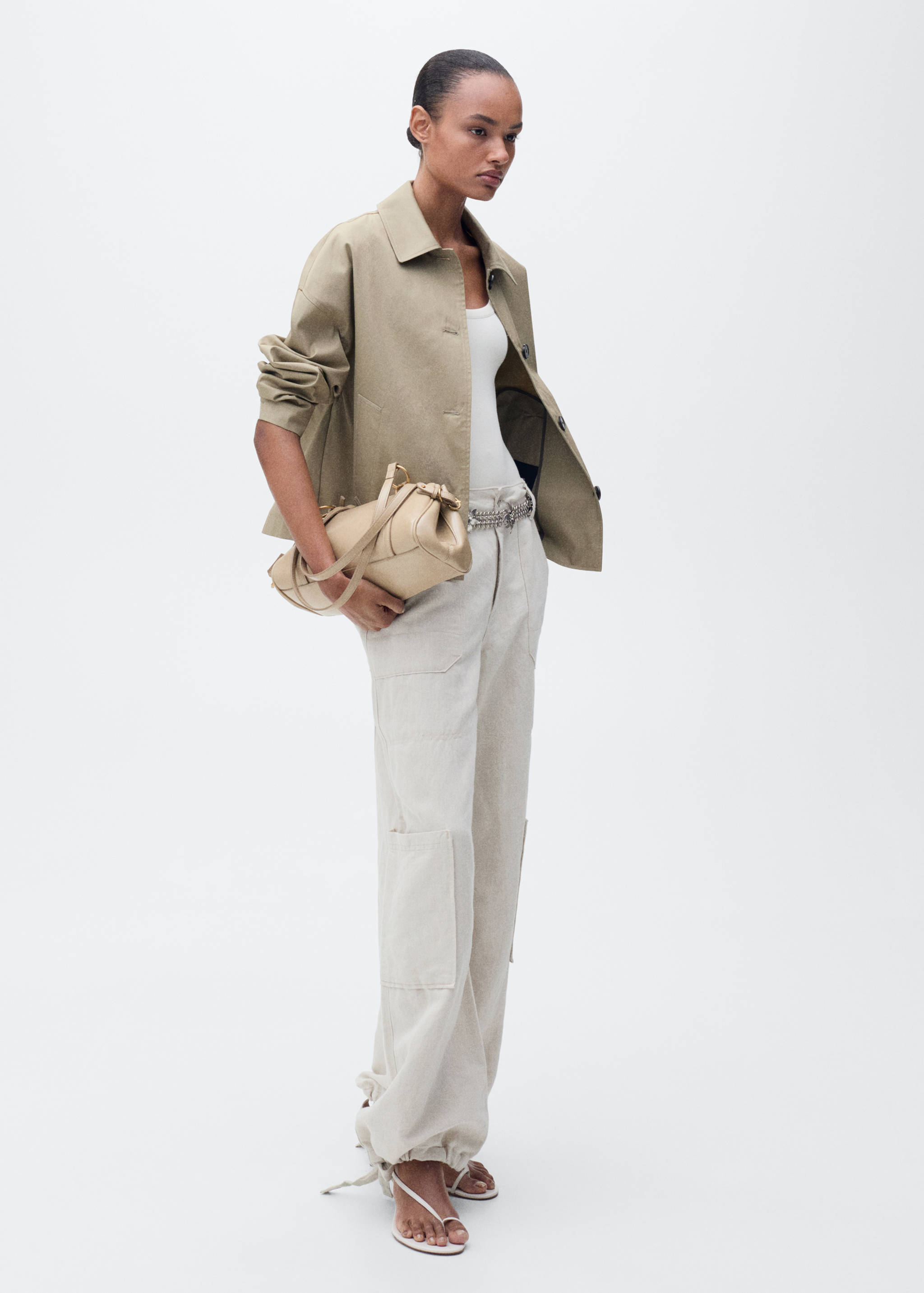 Linen cargo trousers with puffed hem - General plane