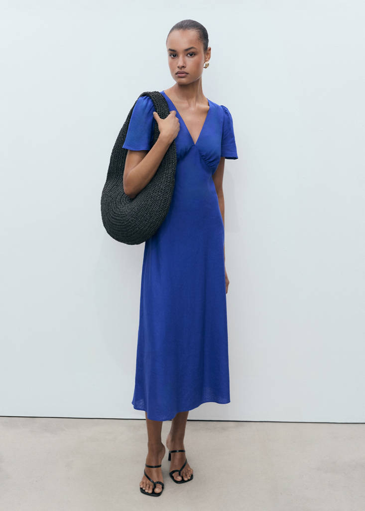 MANGO - Robe en lin à fleurs bleu - XS