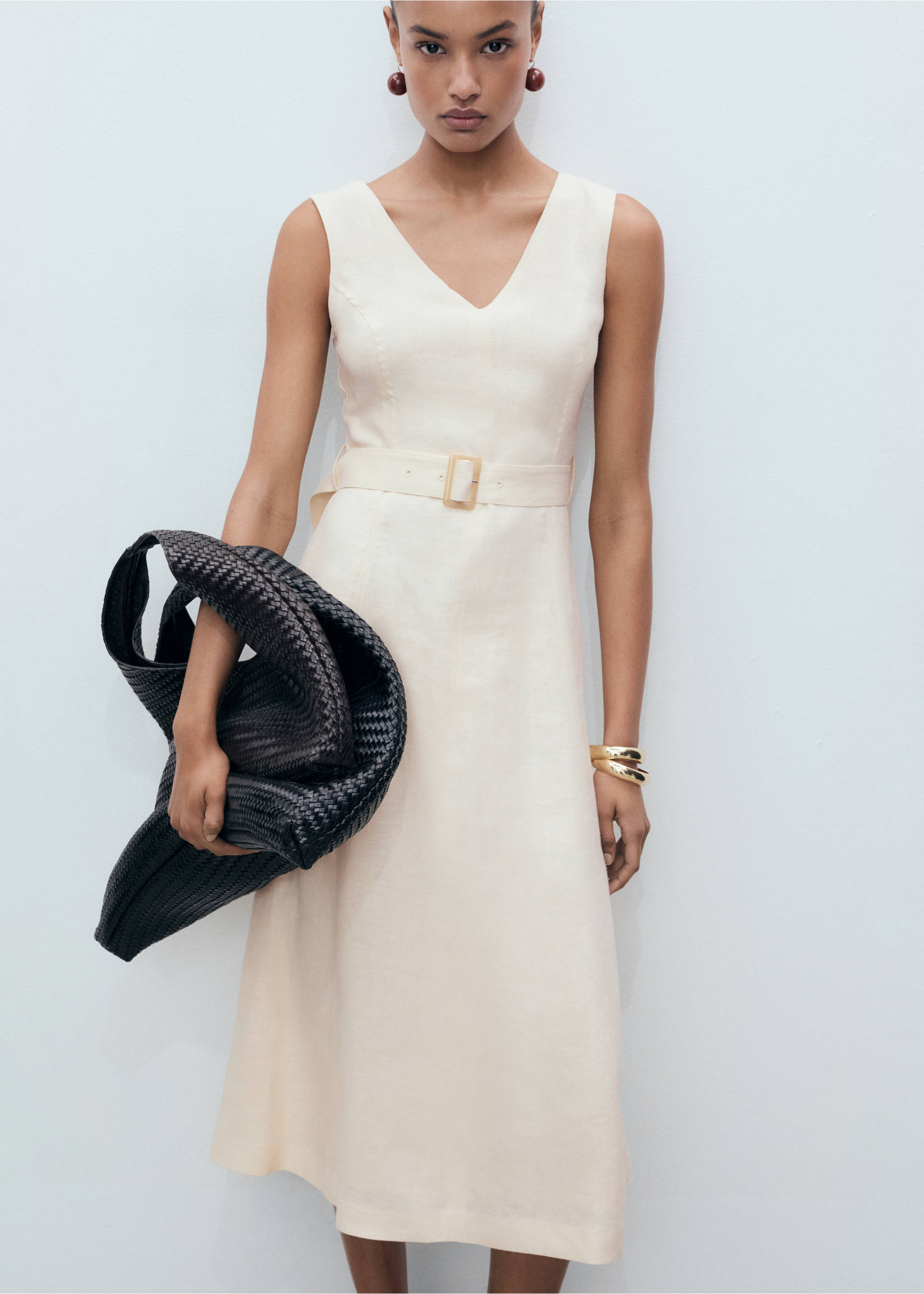 Belt linen dress - Medium plane, Beige. Ref: 87057164-00.