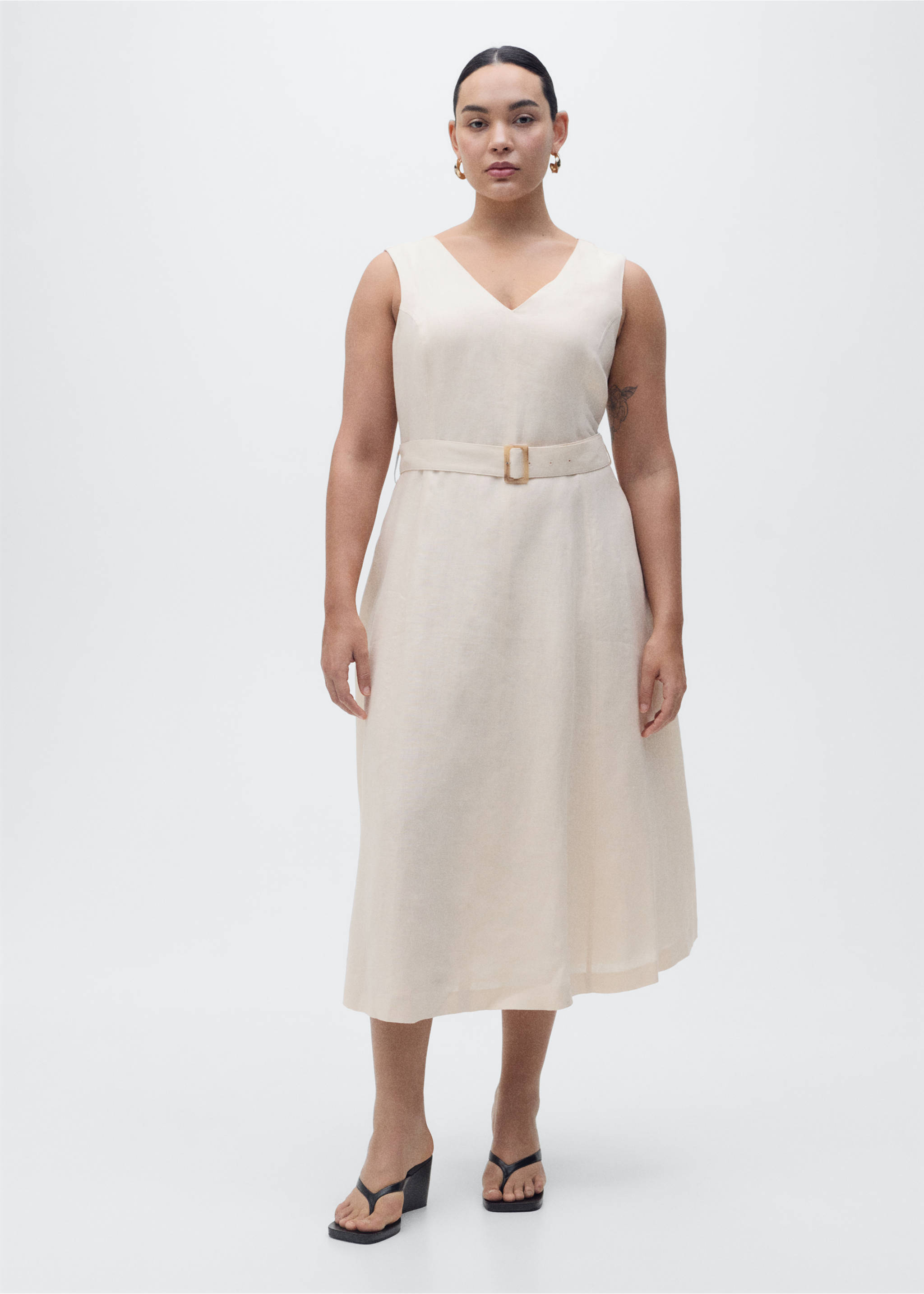 Belt linen dress - Details of the article 3, Beige. Ref: 87057164-00.