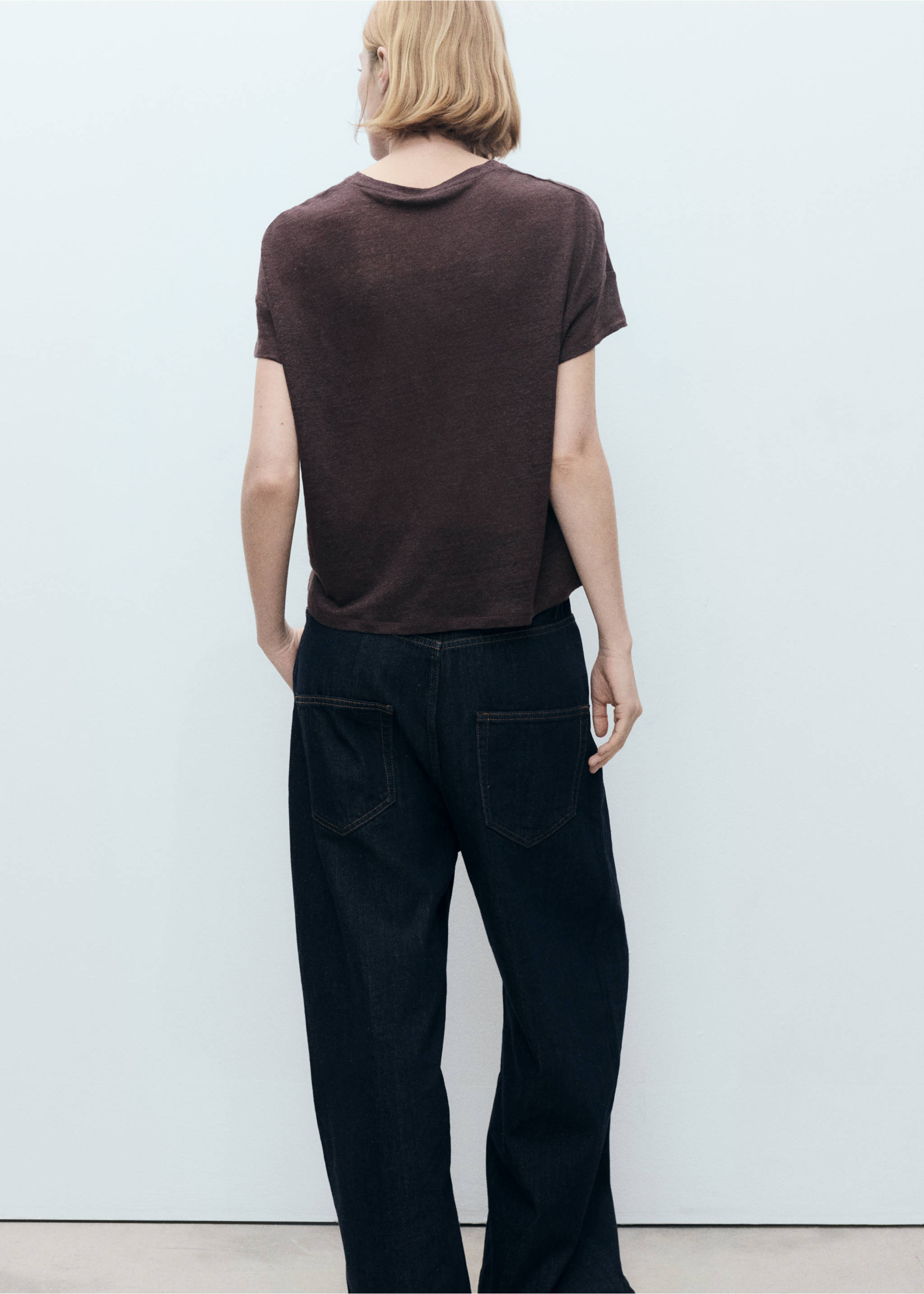 Short-sleeved linen t-shirt - Reverse of the article, Brown. Ref: 87057167-00.