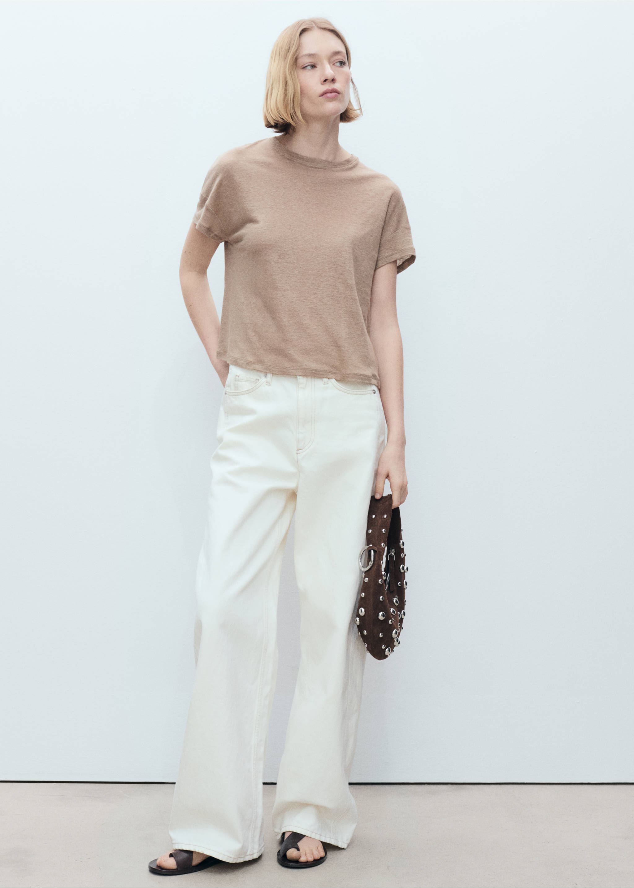Short-sleeved linen t-shirt - General plane, Light/Pastel Brown. Ref: 87057167-00.