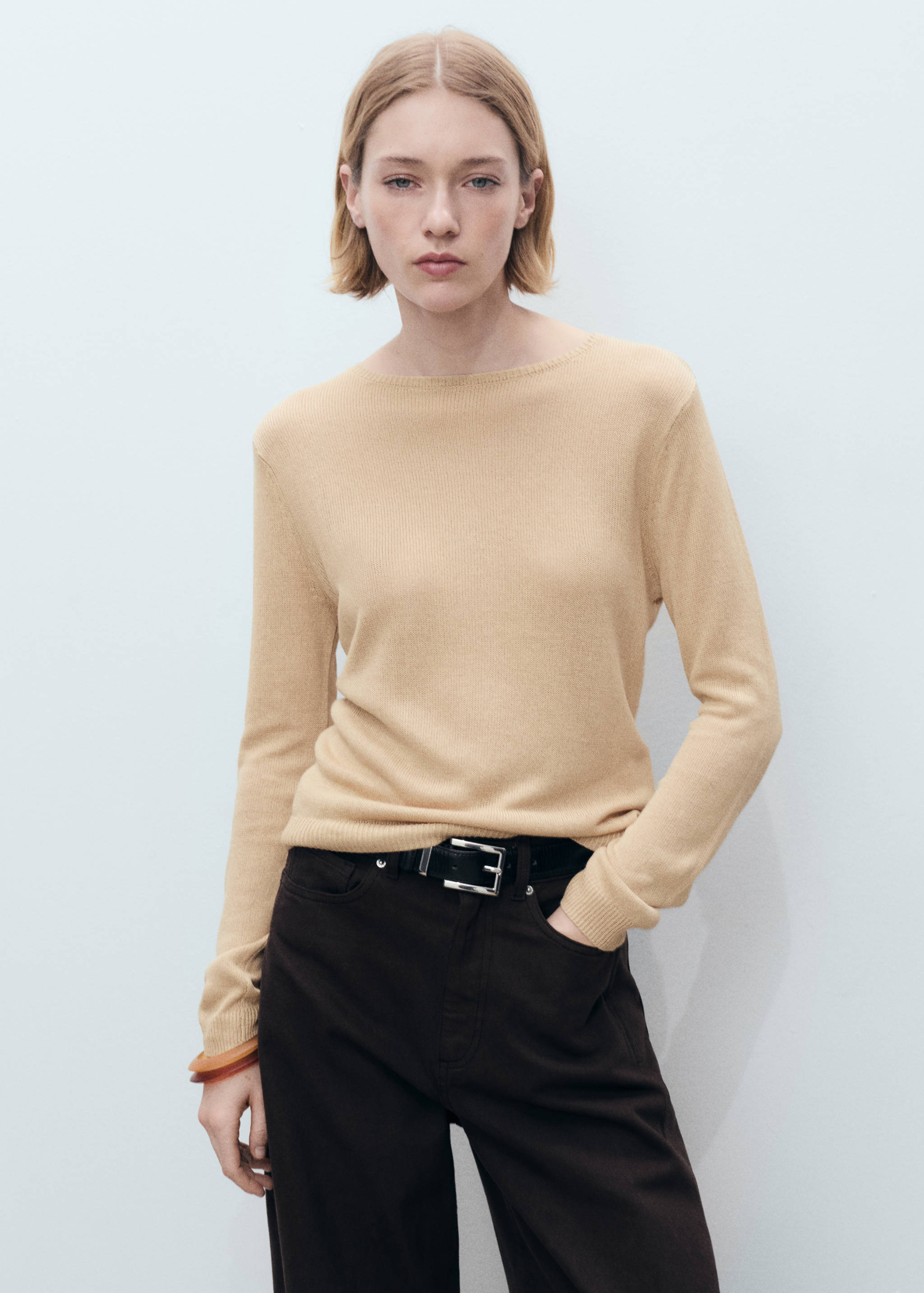 Camisola com gola de barco e mistura de linho - Plano médio