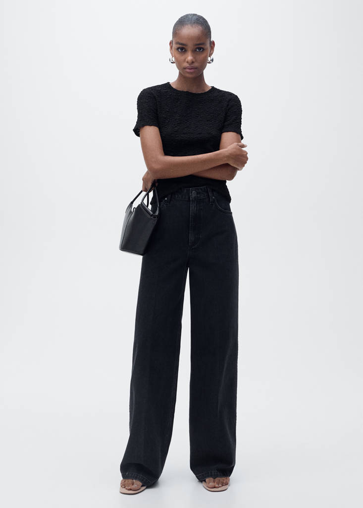 Textured cotton-blend t-shirt — Black