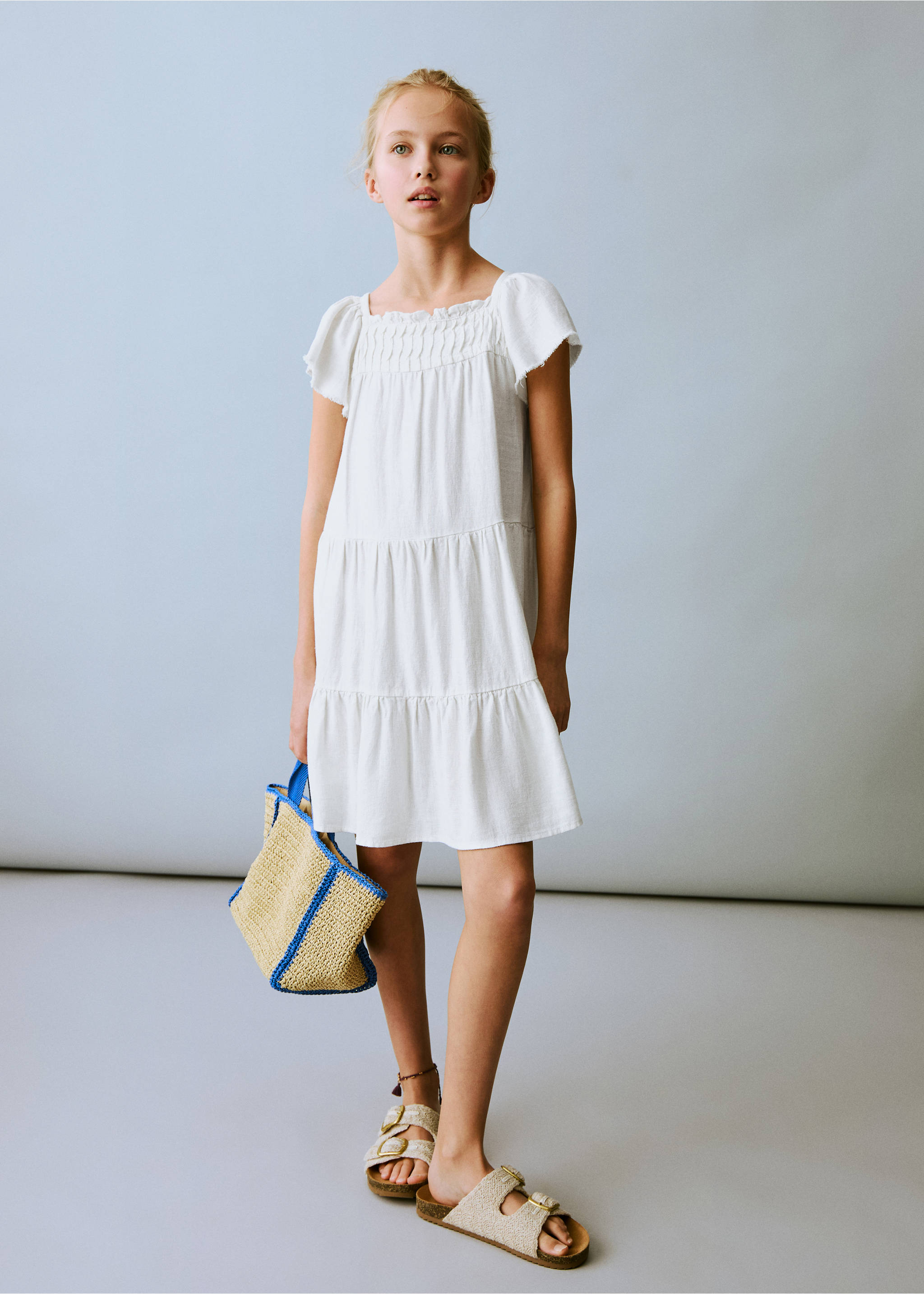Vestido lino volantes - Plano general, Blanco. Ref: 87057696-00.