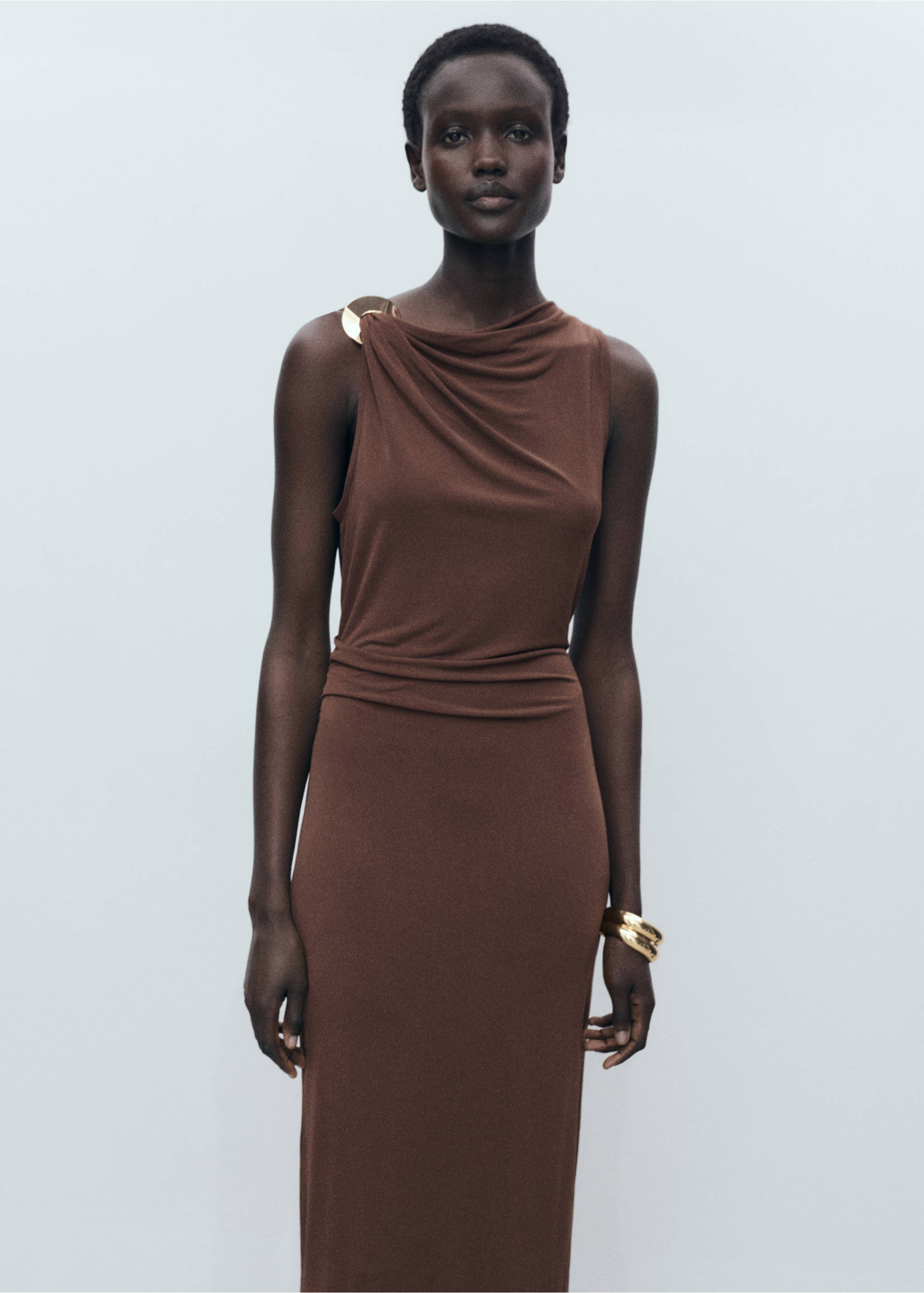 Draped dress with metallic detail - Medium plane, Chocolate. Ref: 87057716-00.