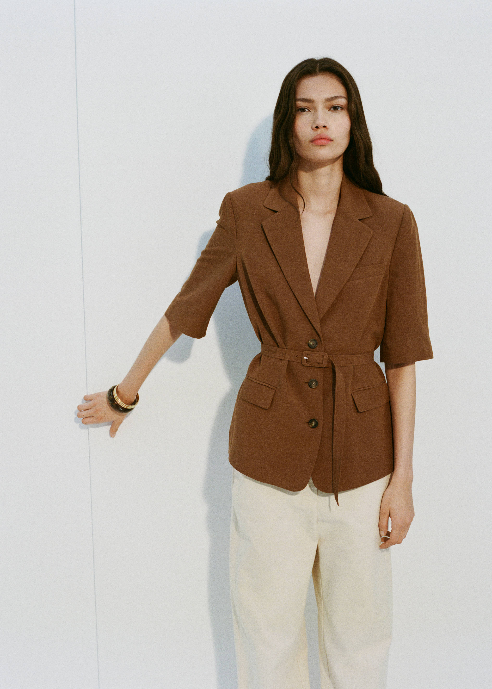 Blazer costume lin mélangé ceinture - Détail de l'article 6