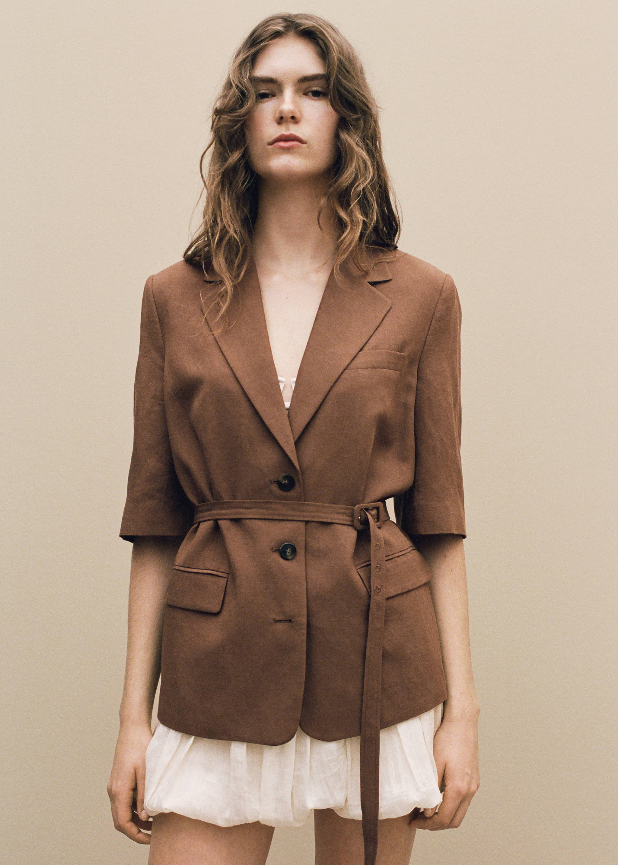 Blazer costume lin mélangé ceinture - Détail de l'article 7