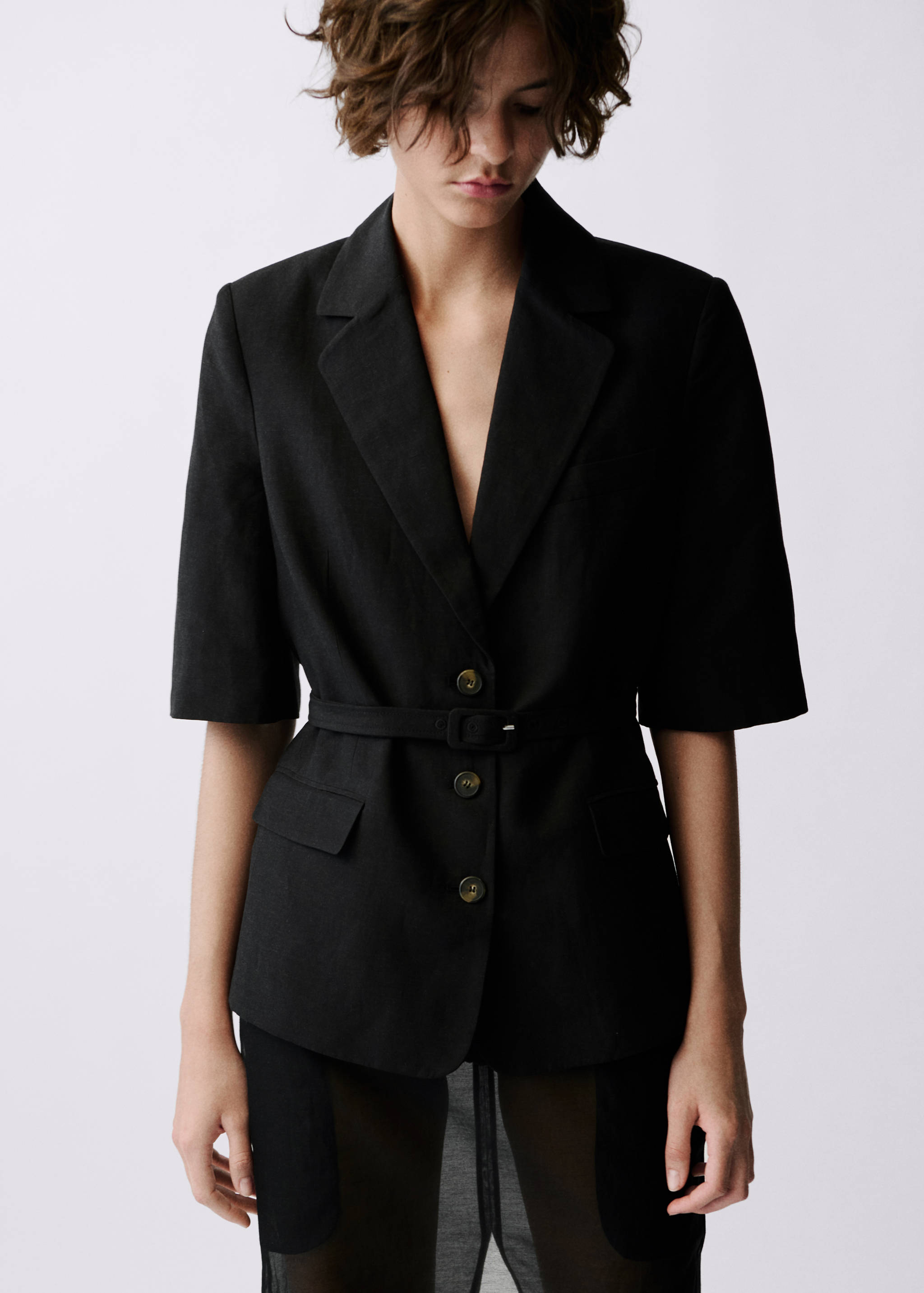 Blazer costume lin mélangé ceinture - Plan moyen