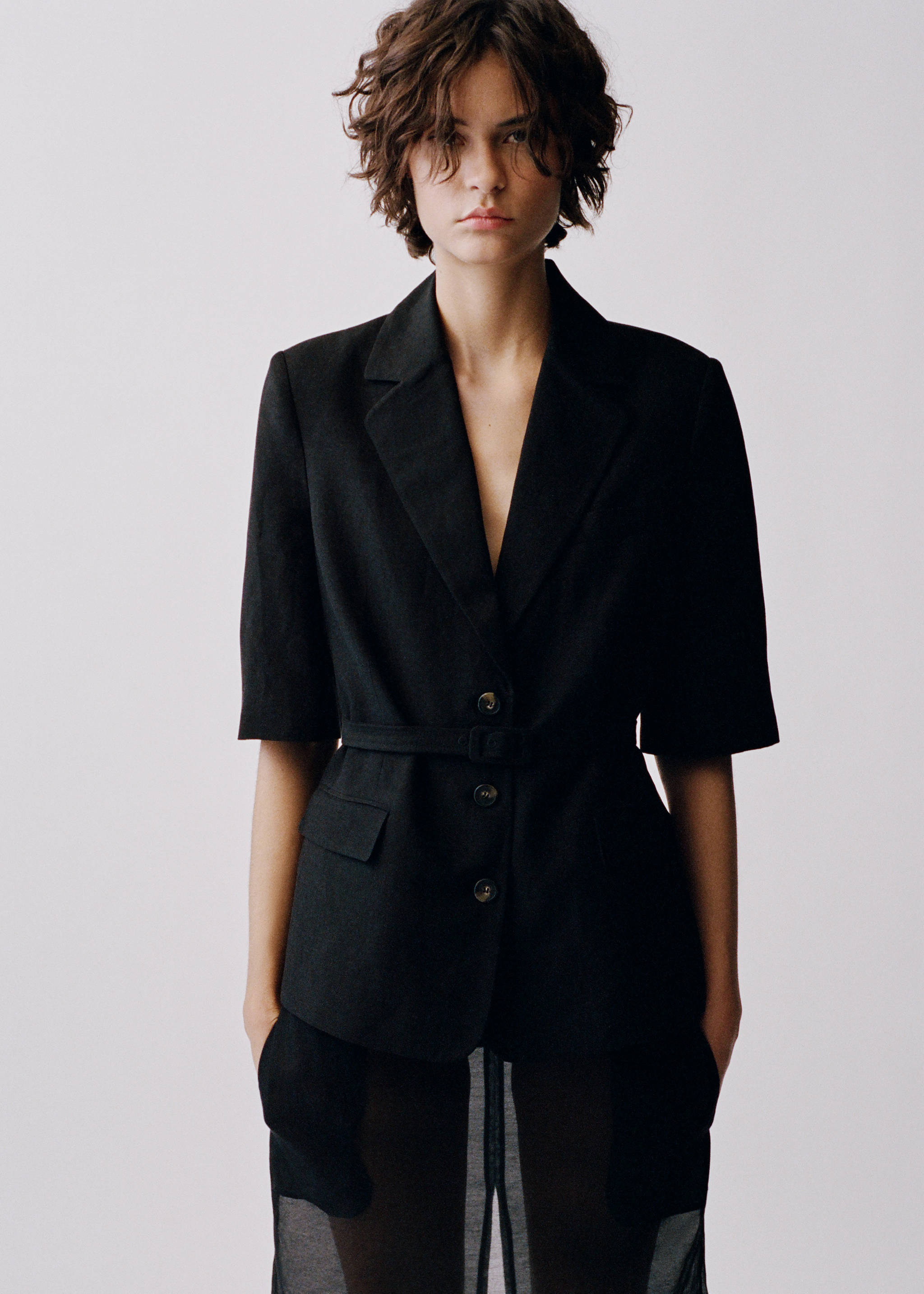 Blazer costume lin mélangé ceinture - Détail de l'article 6