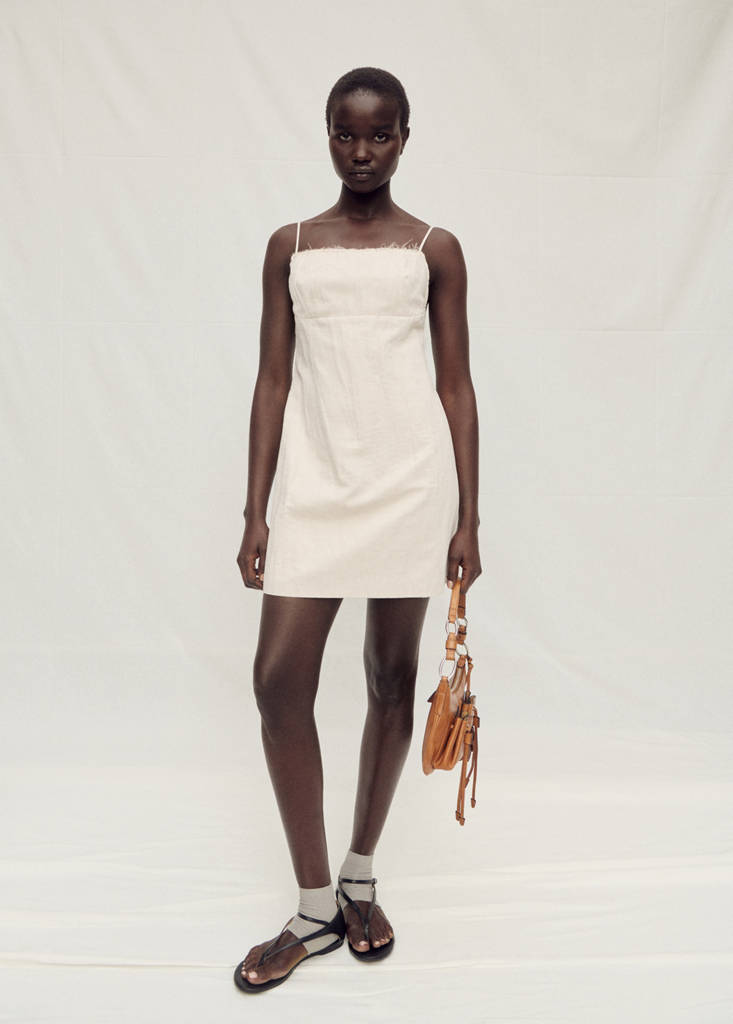 MANGO - Robe coton décolleté effiloché beige - M