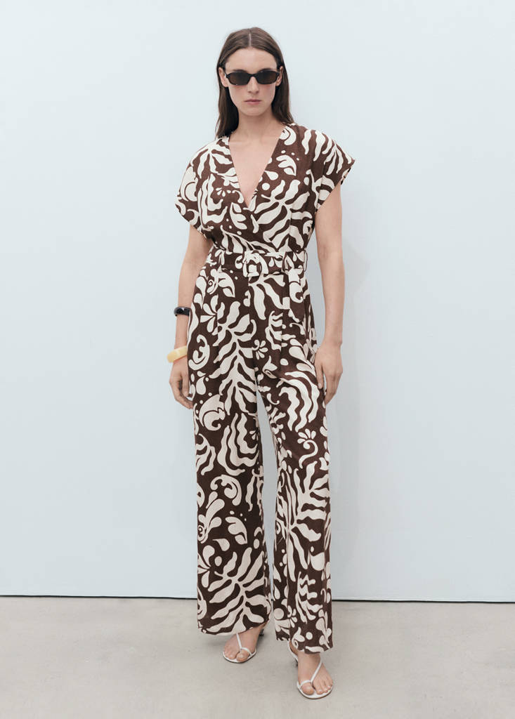 Printed linen jumpsuit with belt — Brown