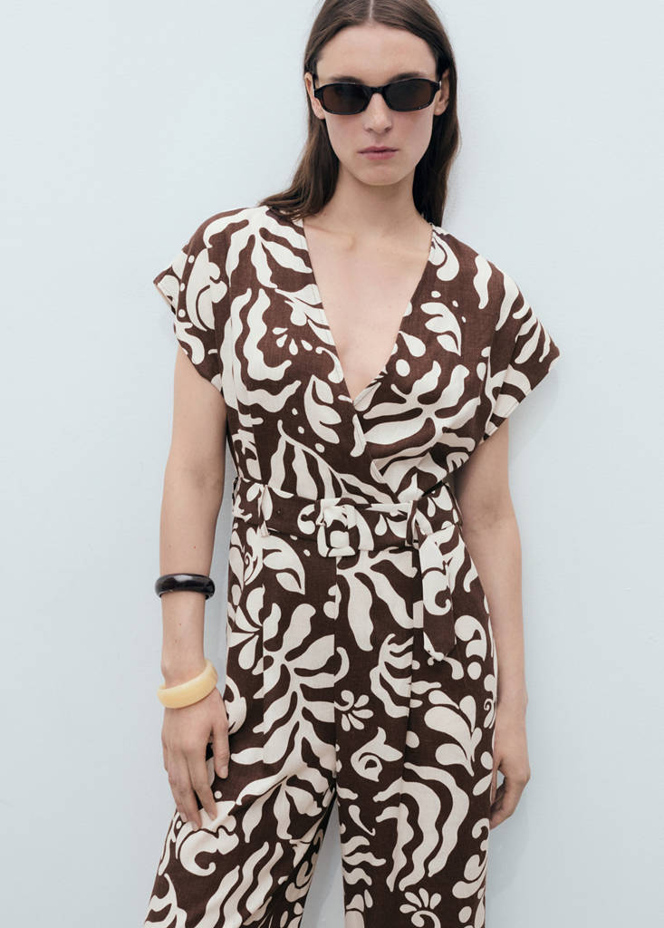 Printed linen jumpsuit with belt — Brown
