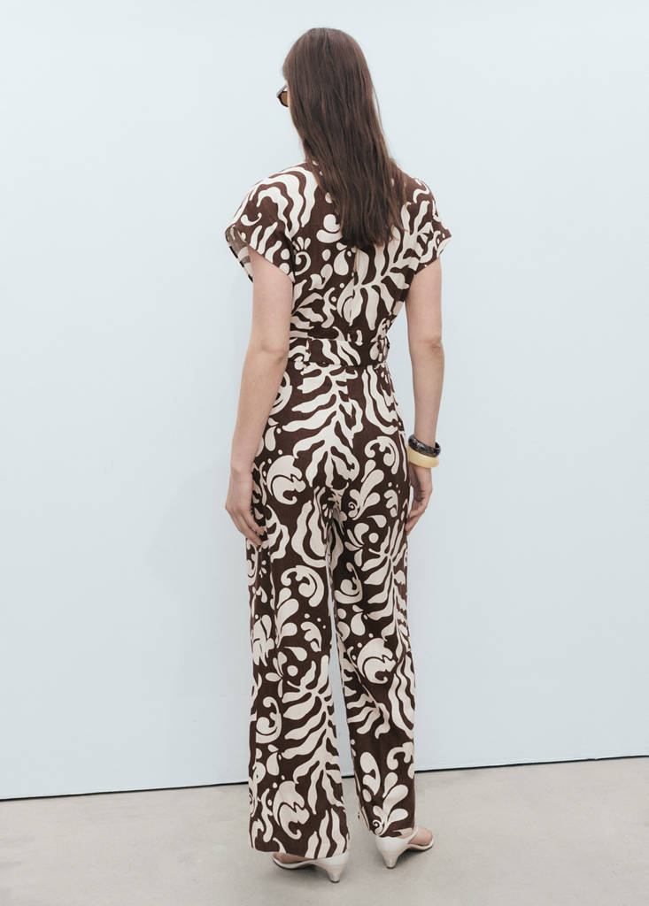 Printed linen jumpsuit with belt — Brown