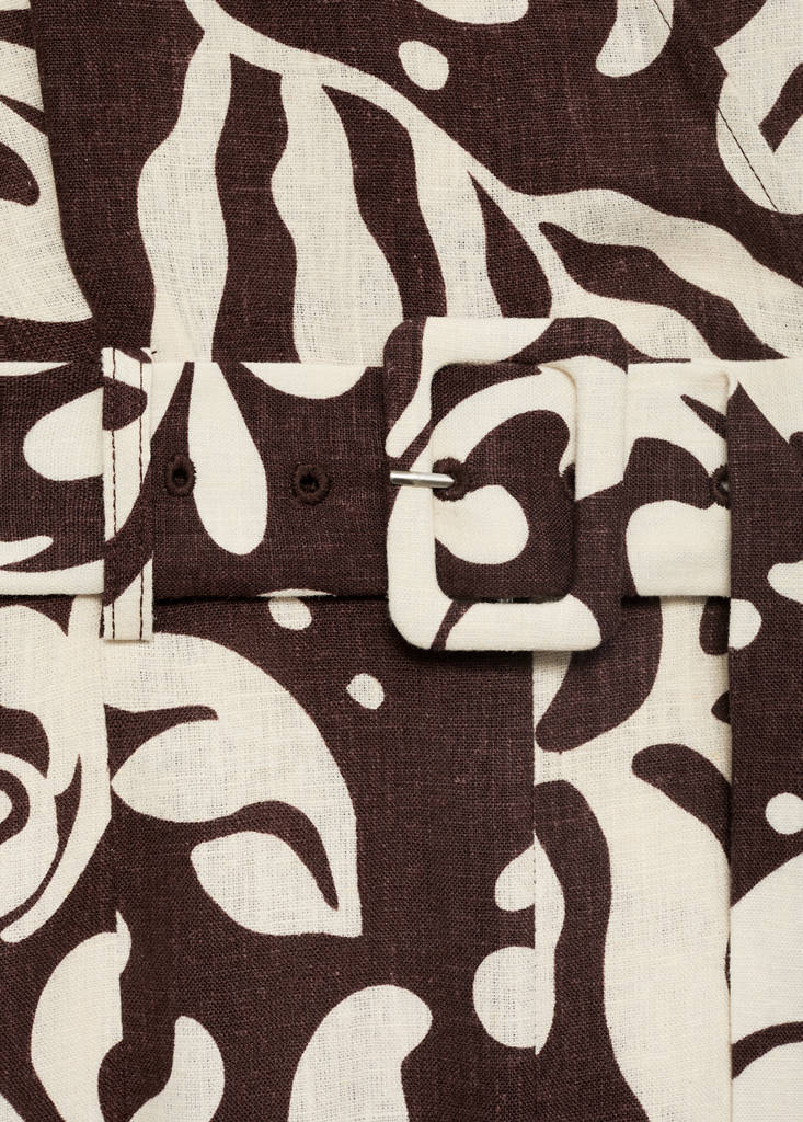 Printed linen jumpsuit with belt — Brown