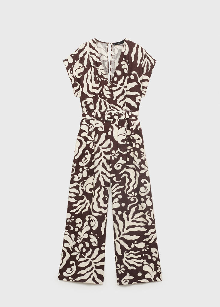 Printed linen jumpsuit with belt — Brown