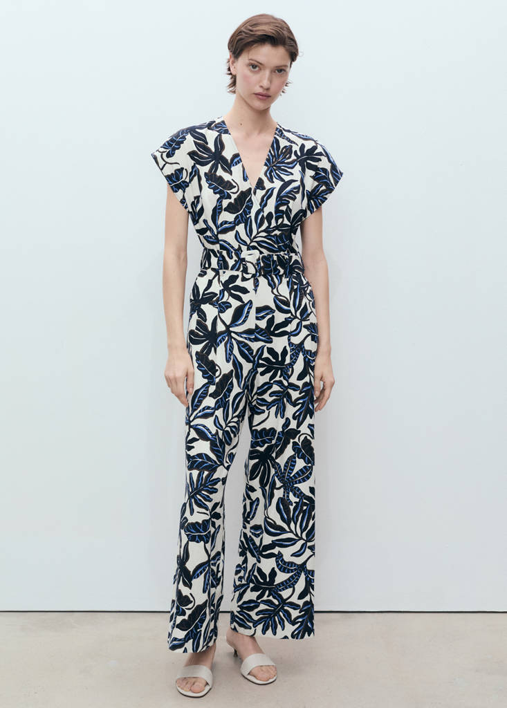 Printed linen jumpsuit with belt — Blue