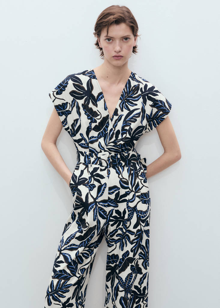Printed linen jumpsuit with belt — Blue