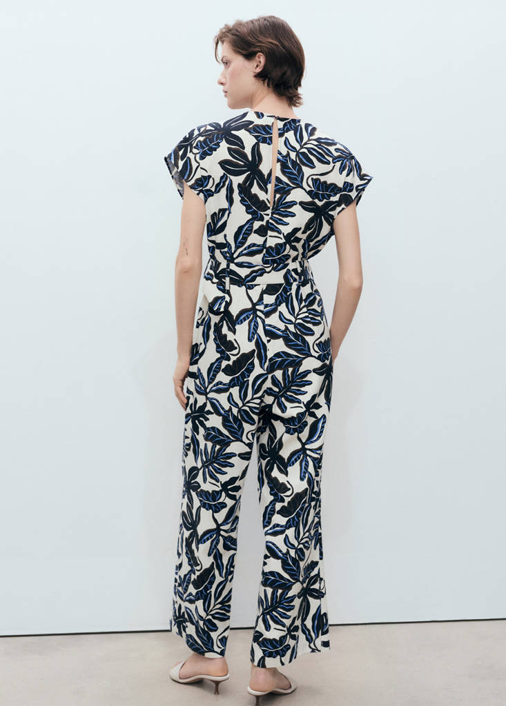 Printed linen jumpsuit with belt — Blue