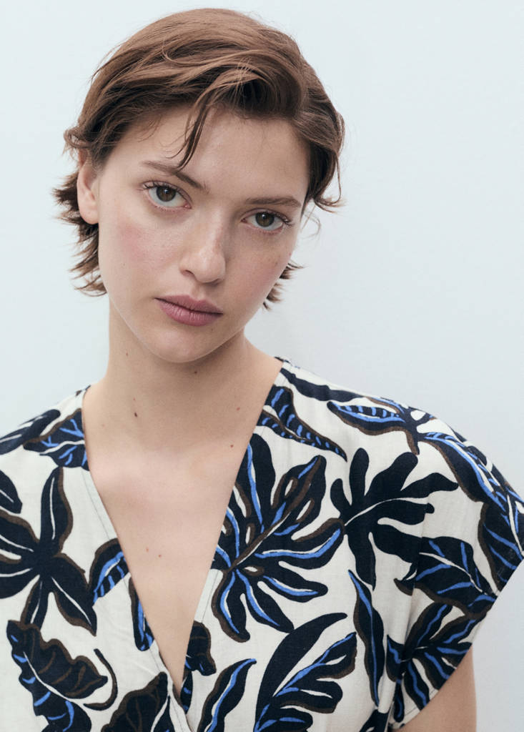 Printed linen jumpsuit with belt — Blue