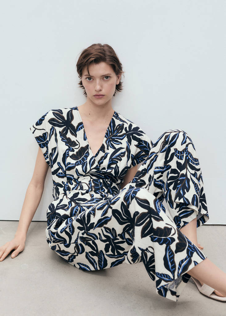 Printed linen jumpsuit with belt — Blue