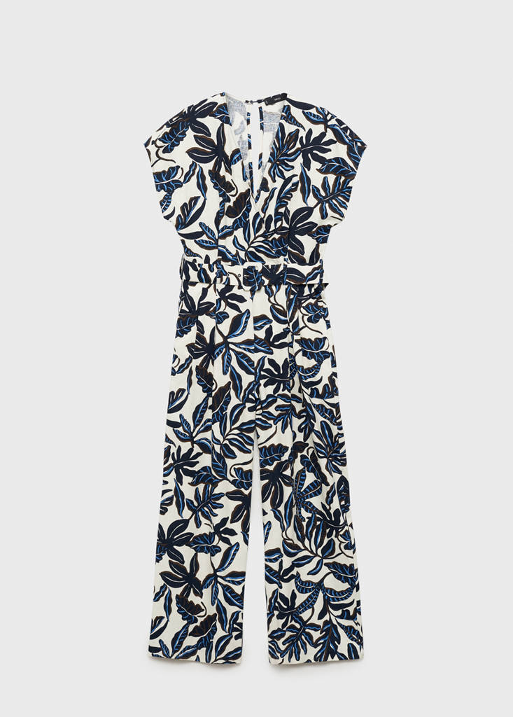 Printed linen jumpsuit with belt — Blue