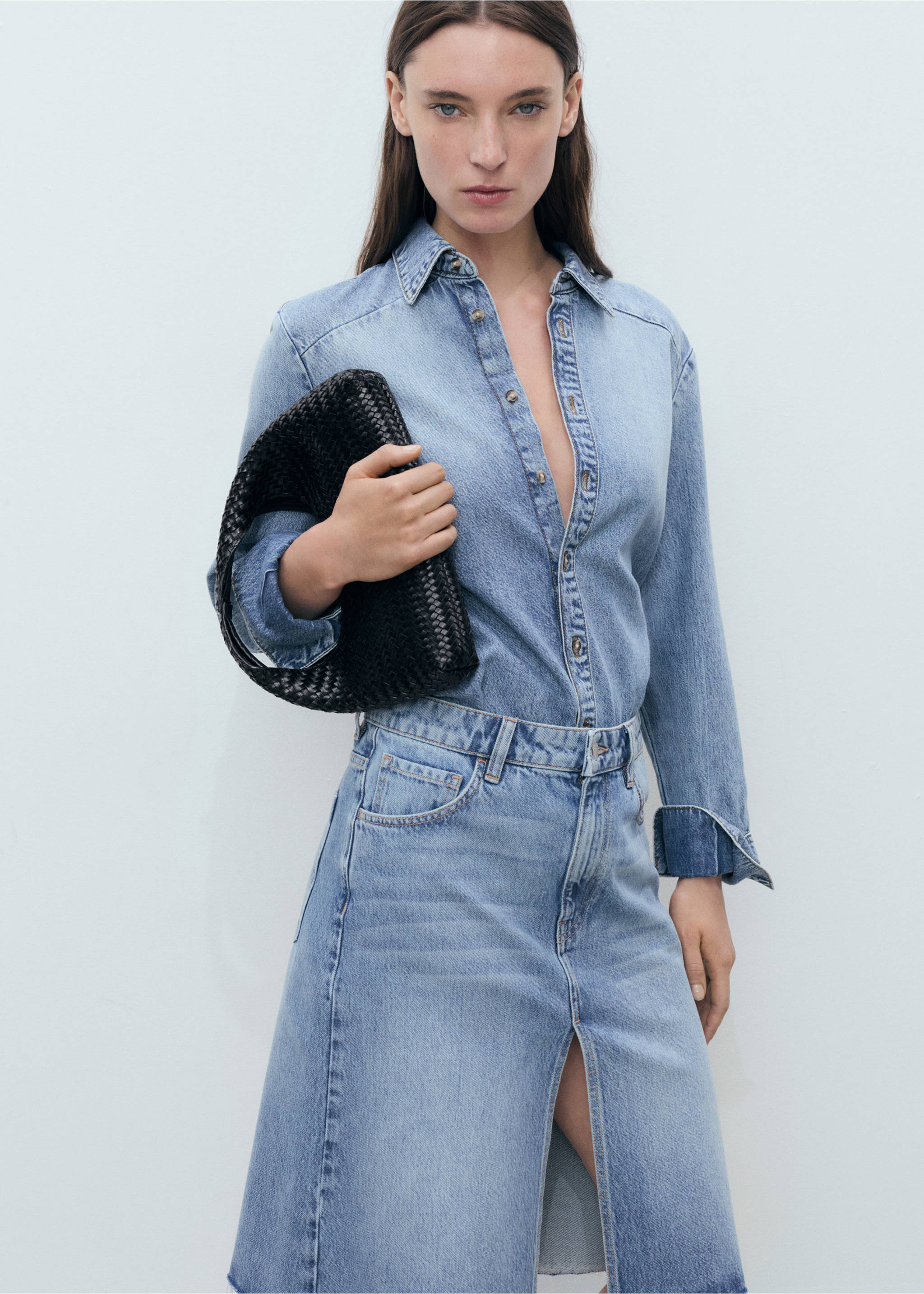 Midi boy denim etek - Orta plan, Donuk Mavi. Ref: 87059065-00.