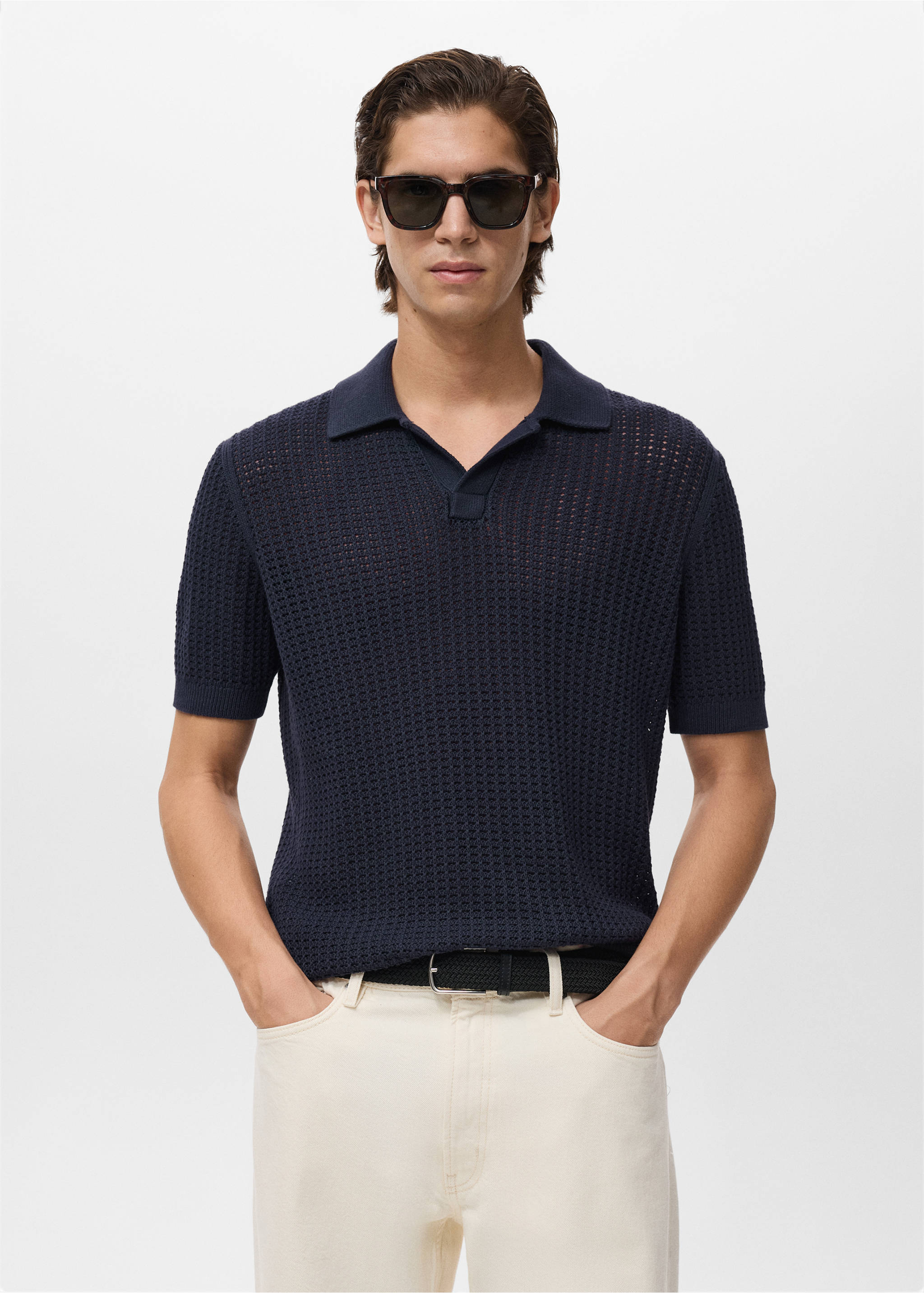 Polo maille coton ajouré - Plan moyen, Bleu encre. Ref: 87059209-01.