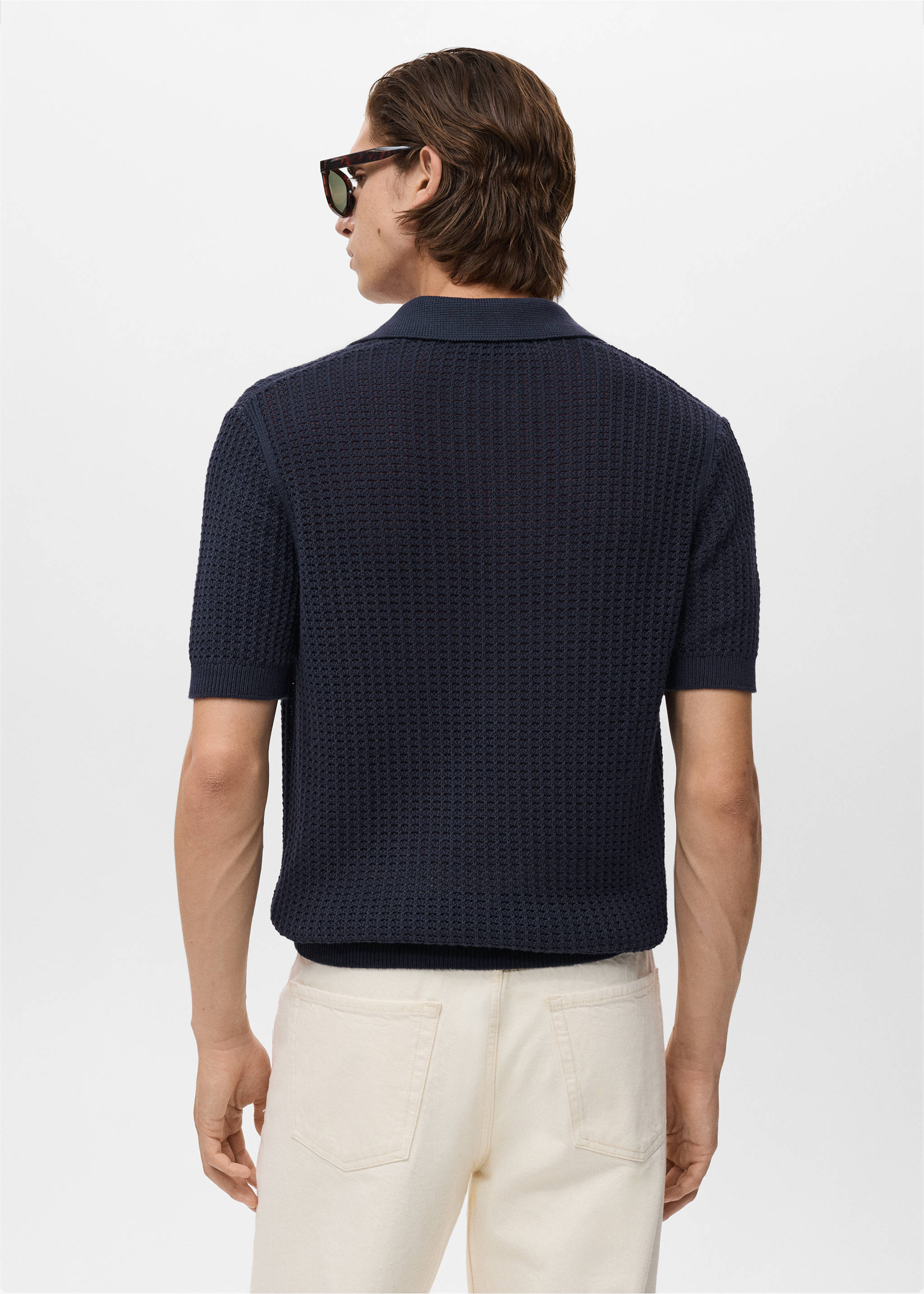 Polo maille coton ajouré - Verso de l’article, Bleu encre. Ref: 87059209-01.