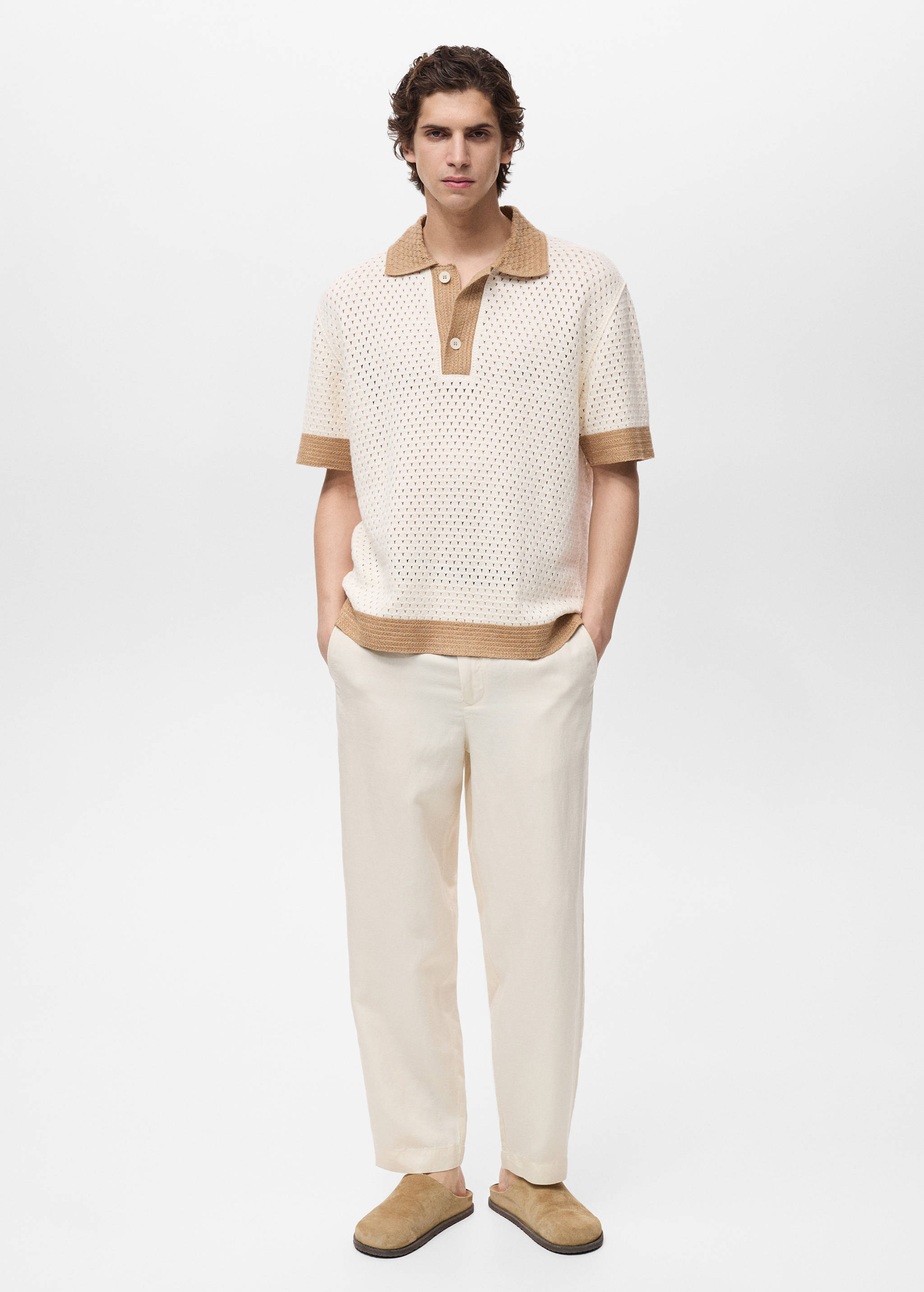 Knitted polo shirt with contrasting lace details - General plane