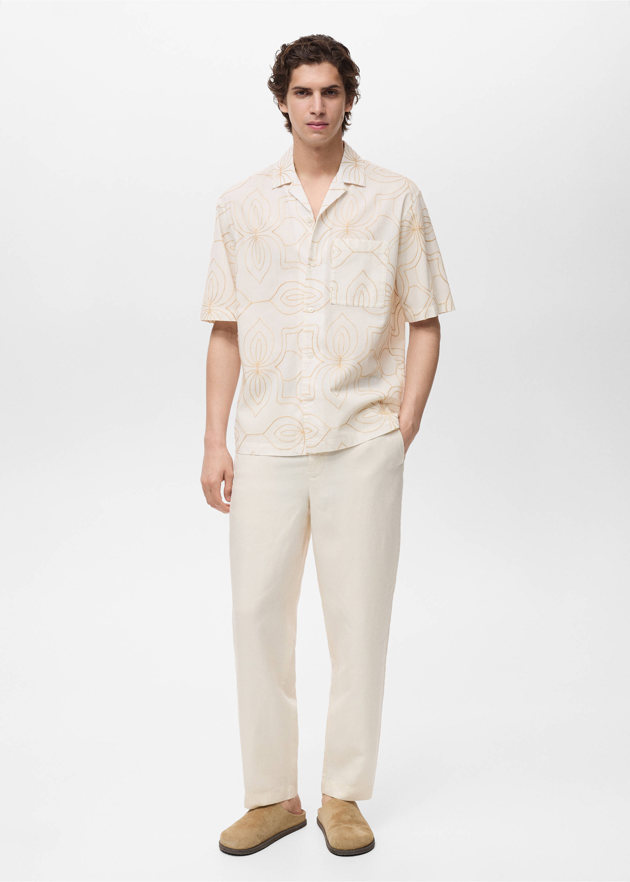 Shirt with embroidered bowling collar - General plane, White. Ref: 87059215-00.