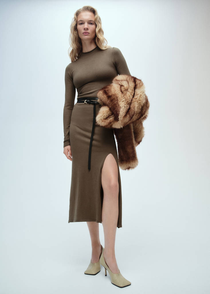 MANGO - Robe maille ouverture kaki - M