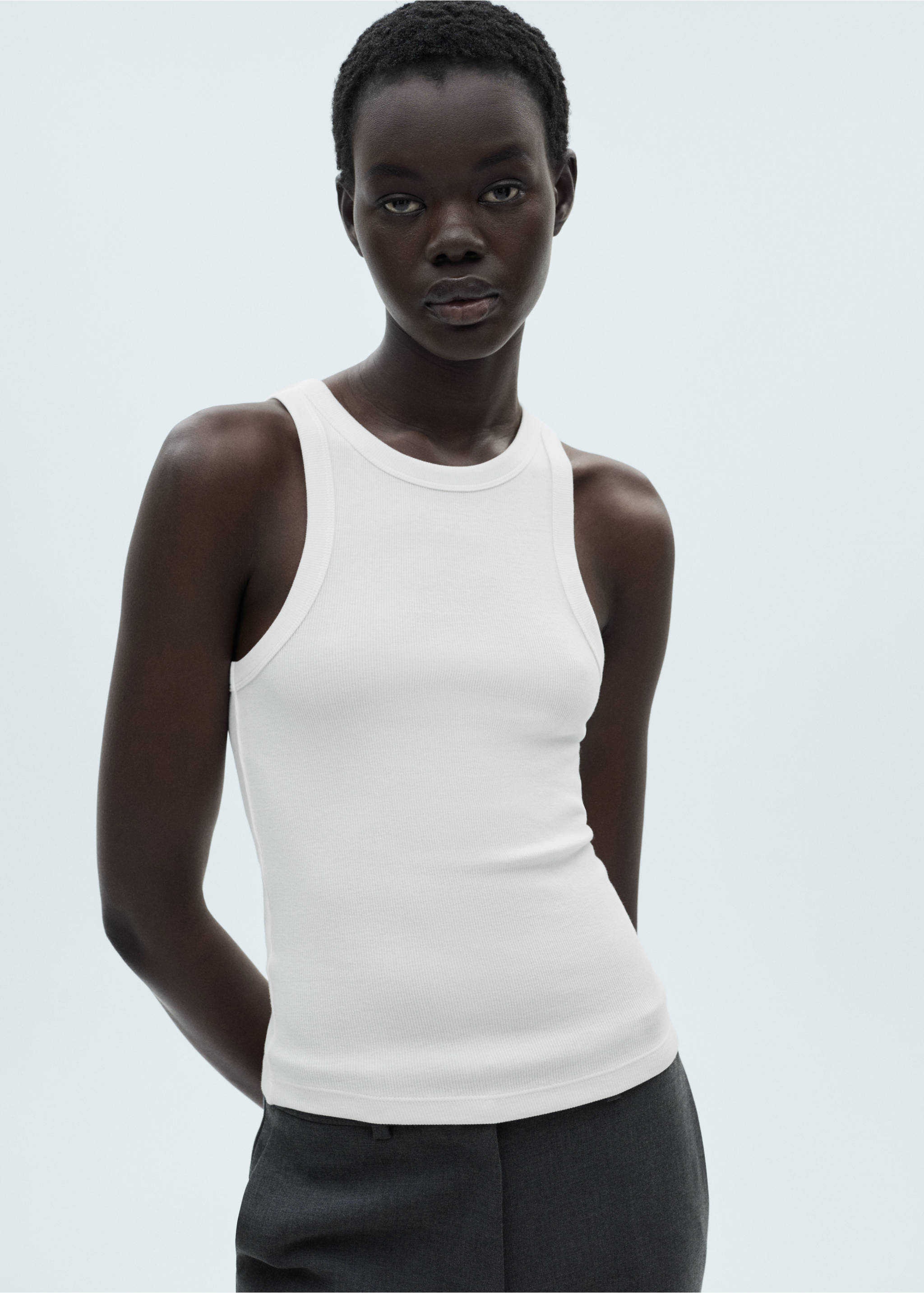 White ribbed cotton tank top with a rounded neckline and fitted silhouette., White. Ref: 87060433-00.
