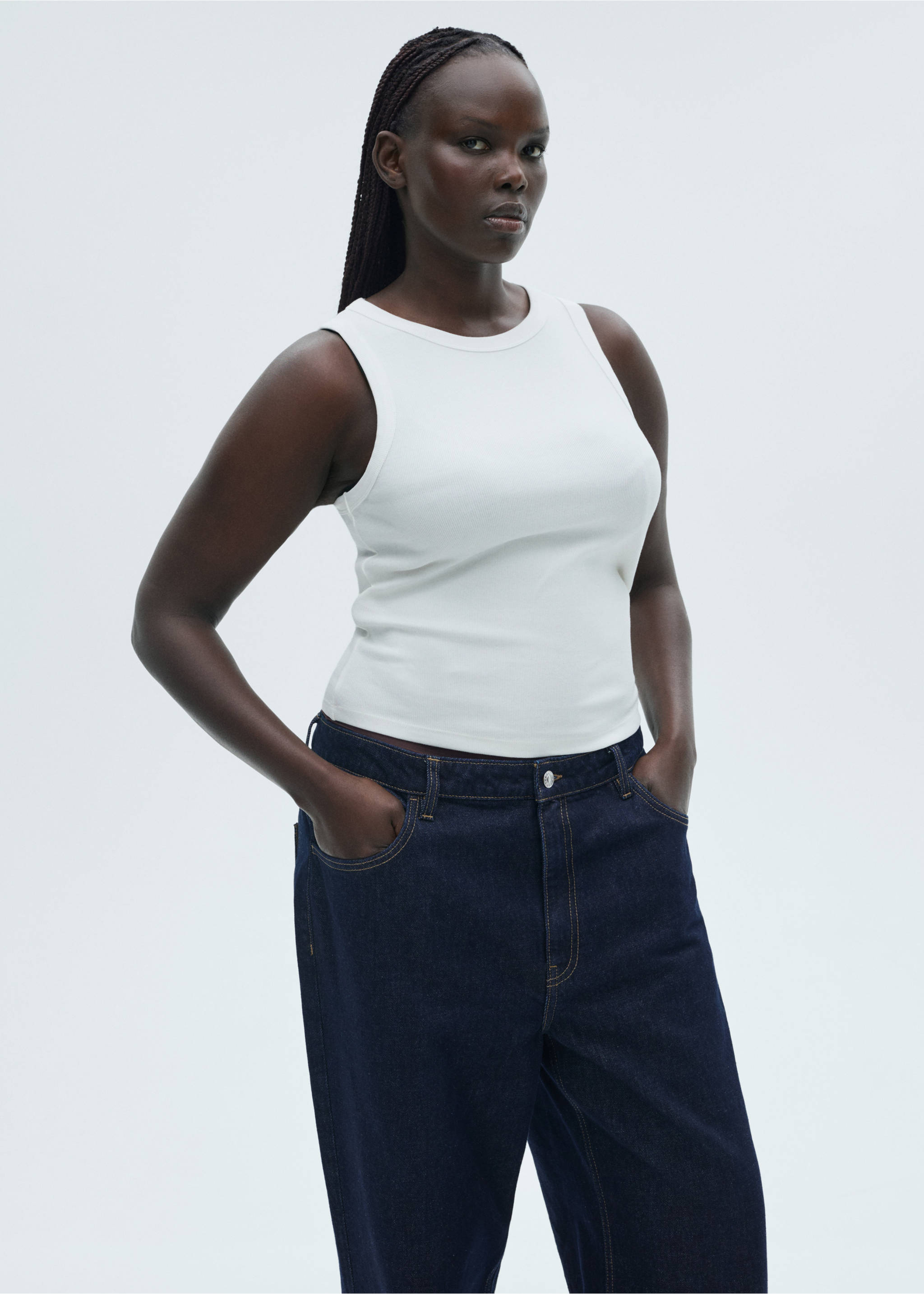 White ribbed cotton tank top with a rounded neckline., White. Ref: 87060433-00.