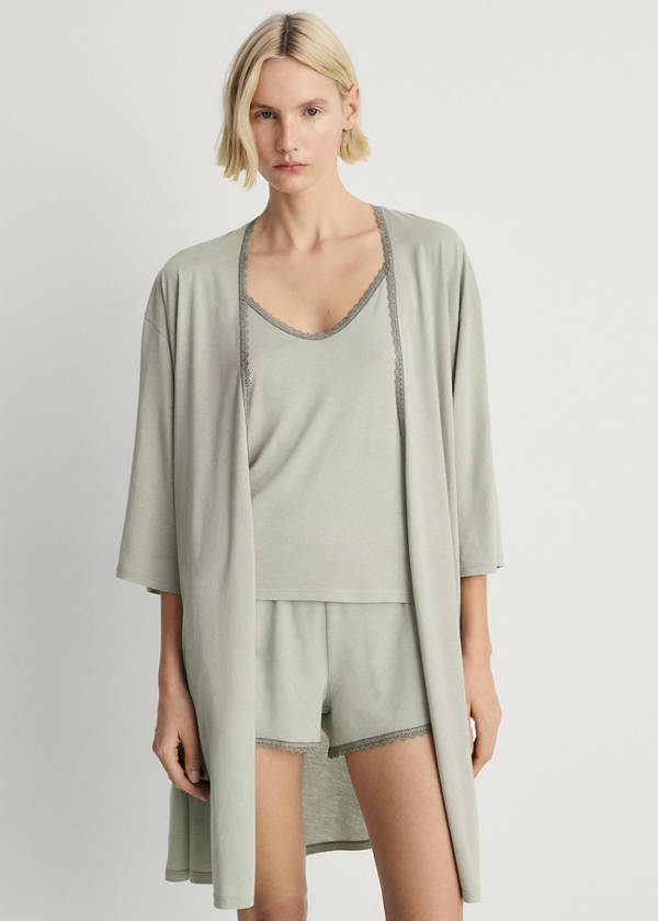 Cotton robe with contrasting lace — Aqua Green