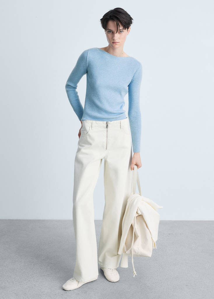 MANGO - Pull-over côtelé col bateau bleu ciel - XS