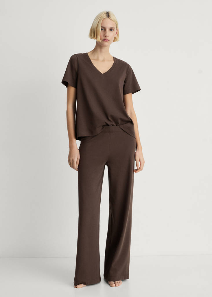 Plain V-neck cotton pyjama t-shirt — Brown