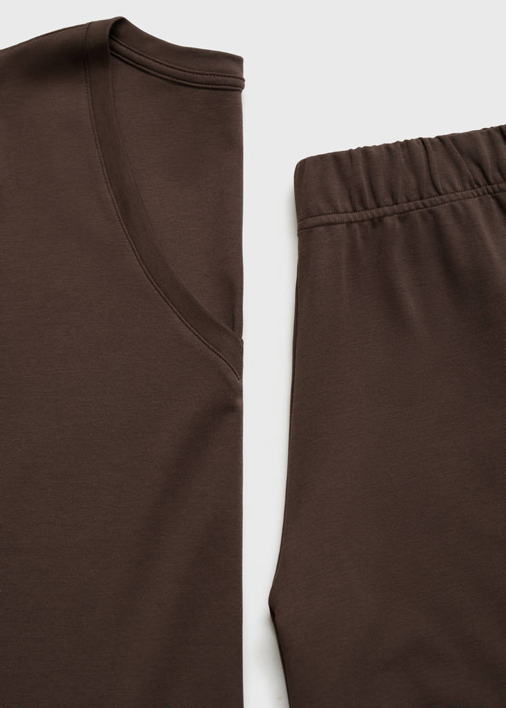 Plain V-neck cotton pyjama t-shirt — Brown