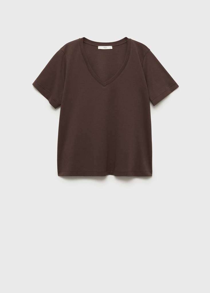 Plain V-neck cotton pyjama t-shirt — Brown