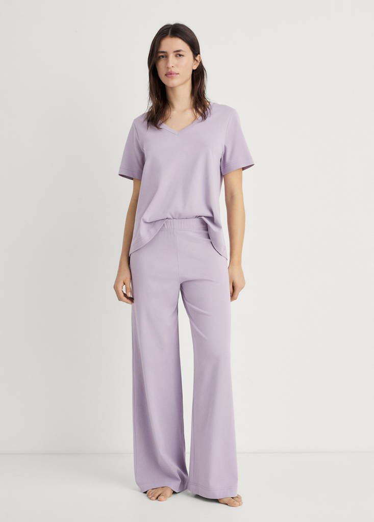 Plain V-neck cotton pyjama t-shirt — Lavender
