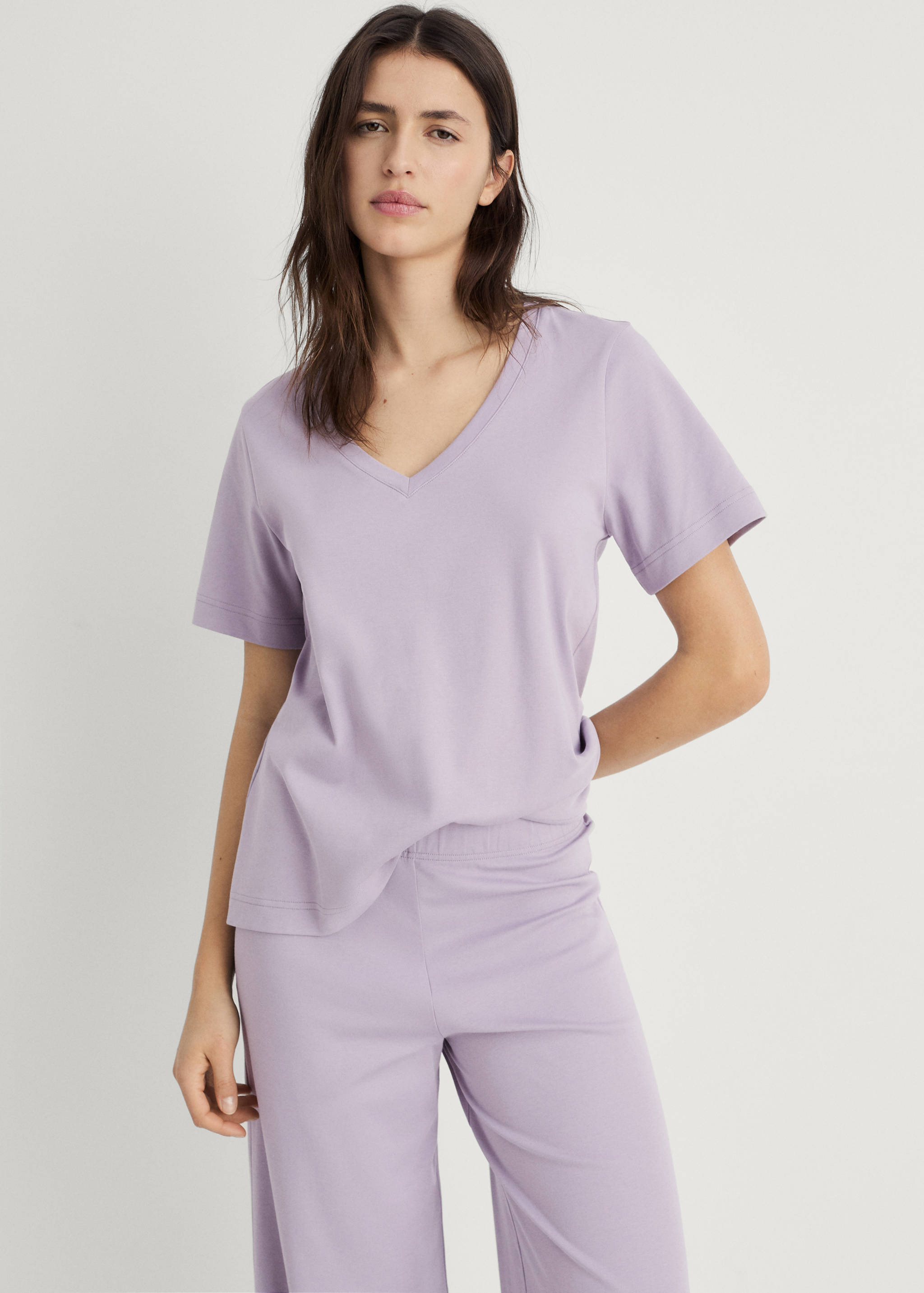 Plain V-neck cotton pyjama t-shirt - Medium plane