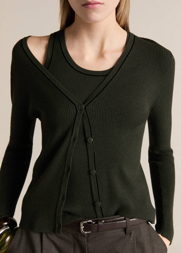 Ribbed top with contrasting trim — Khaki