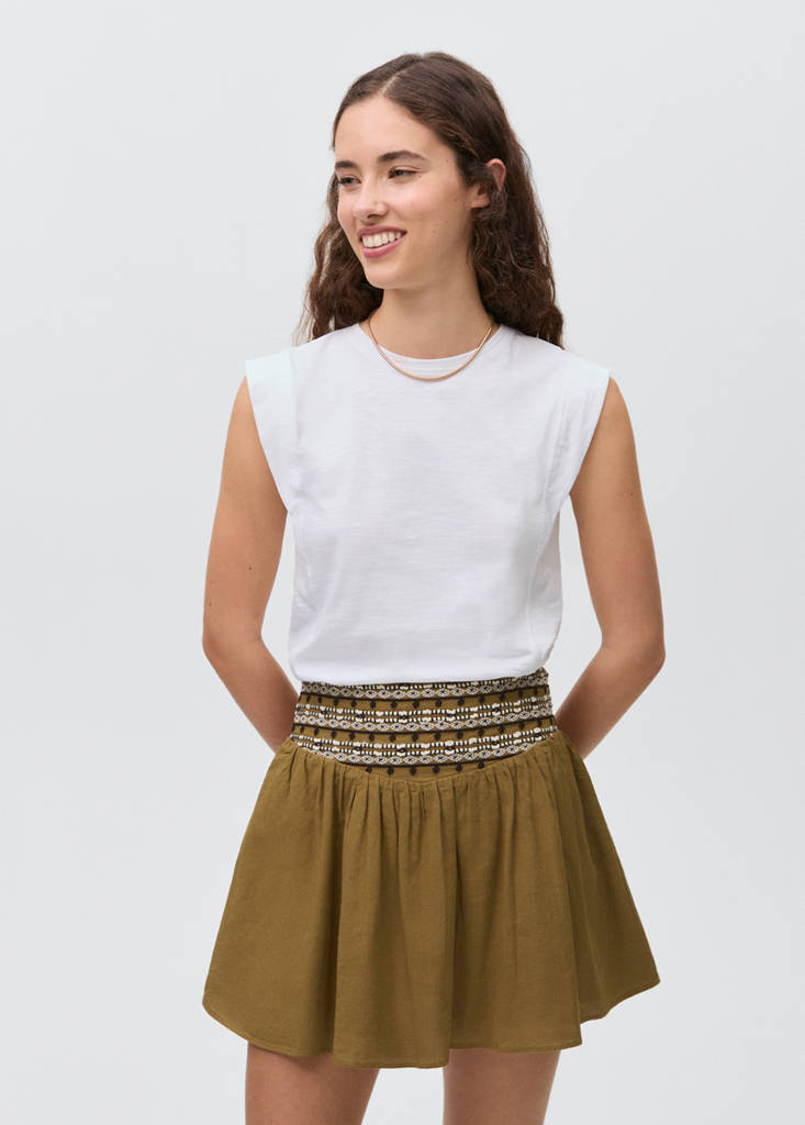 Short skirt with embroidered waist — Olive Green