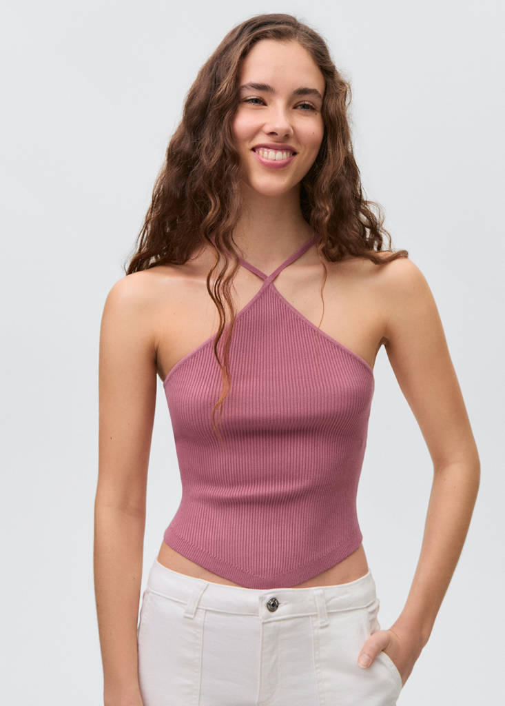 Ribbed halter-neck top — Pale Pink