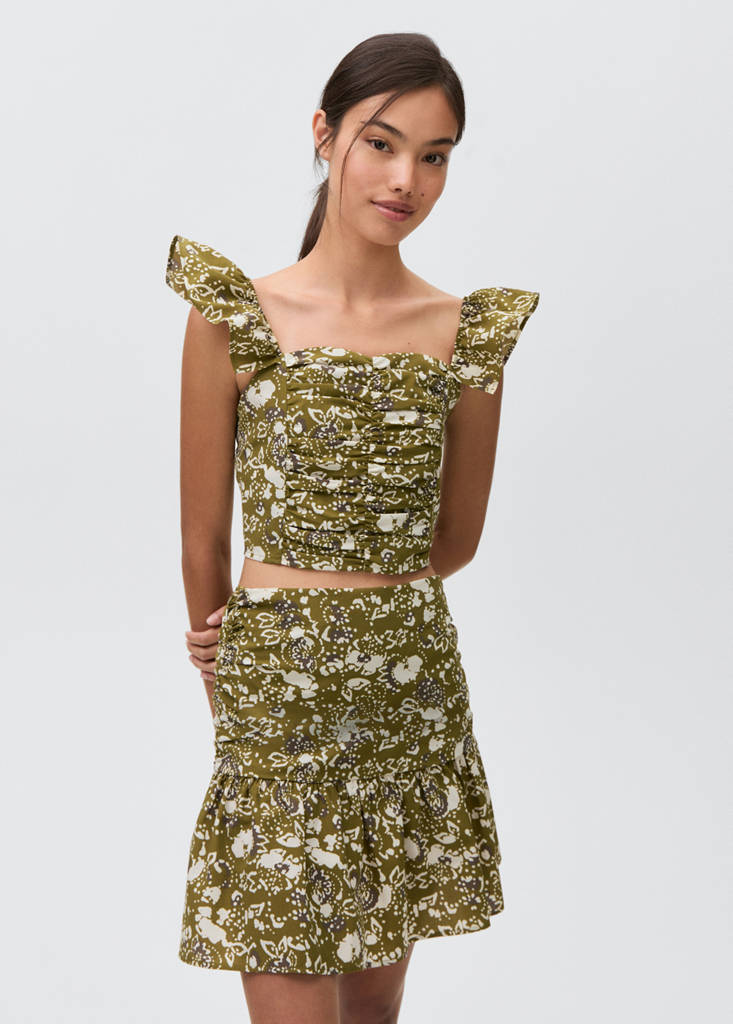 Ruffled printed miniskirt — Olive Green