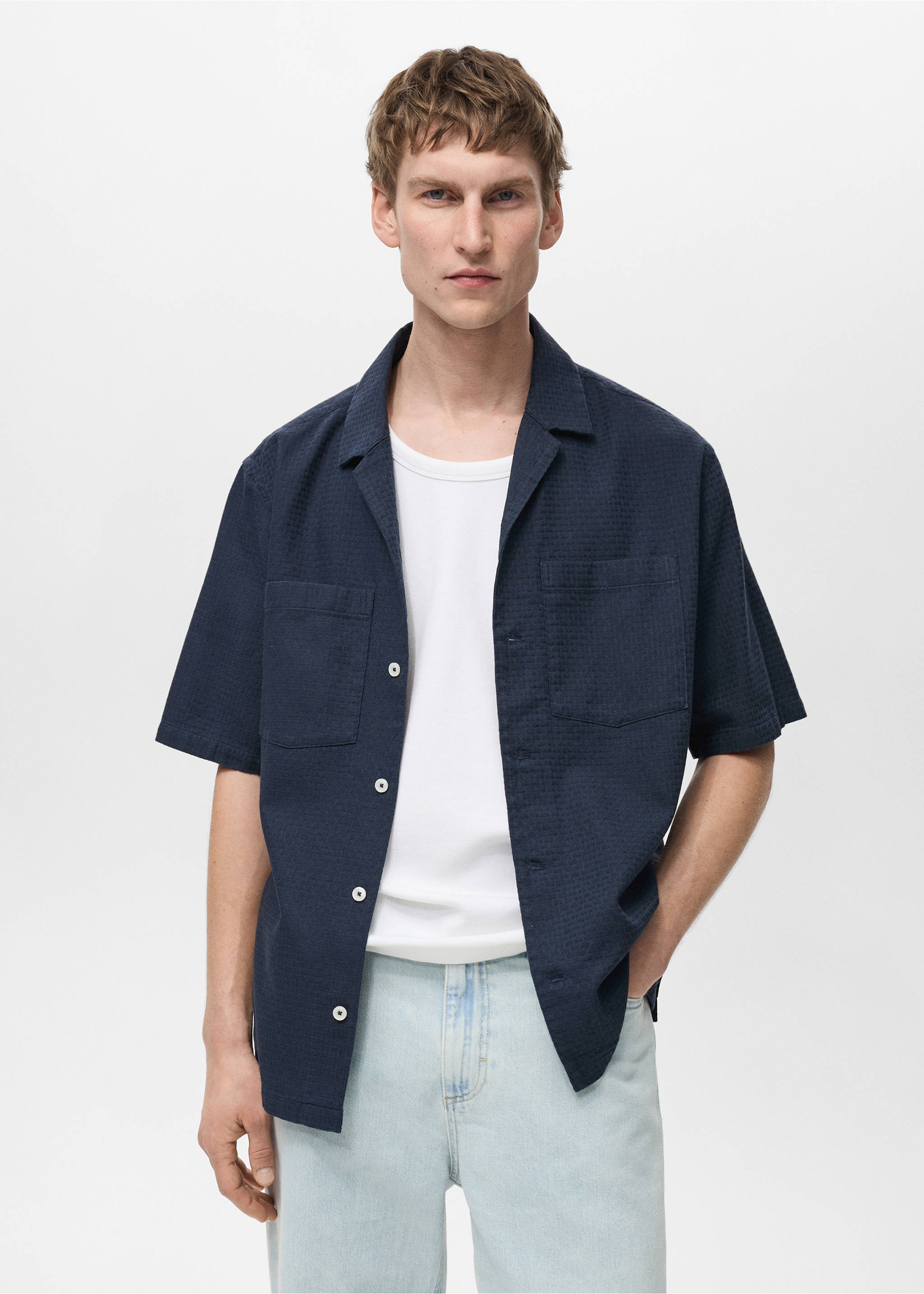 100% cotton check seersucker shirt - Medium plane, Dark Navy. Ref: 87065929-00.