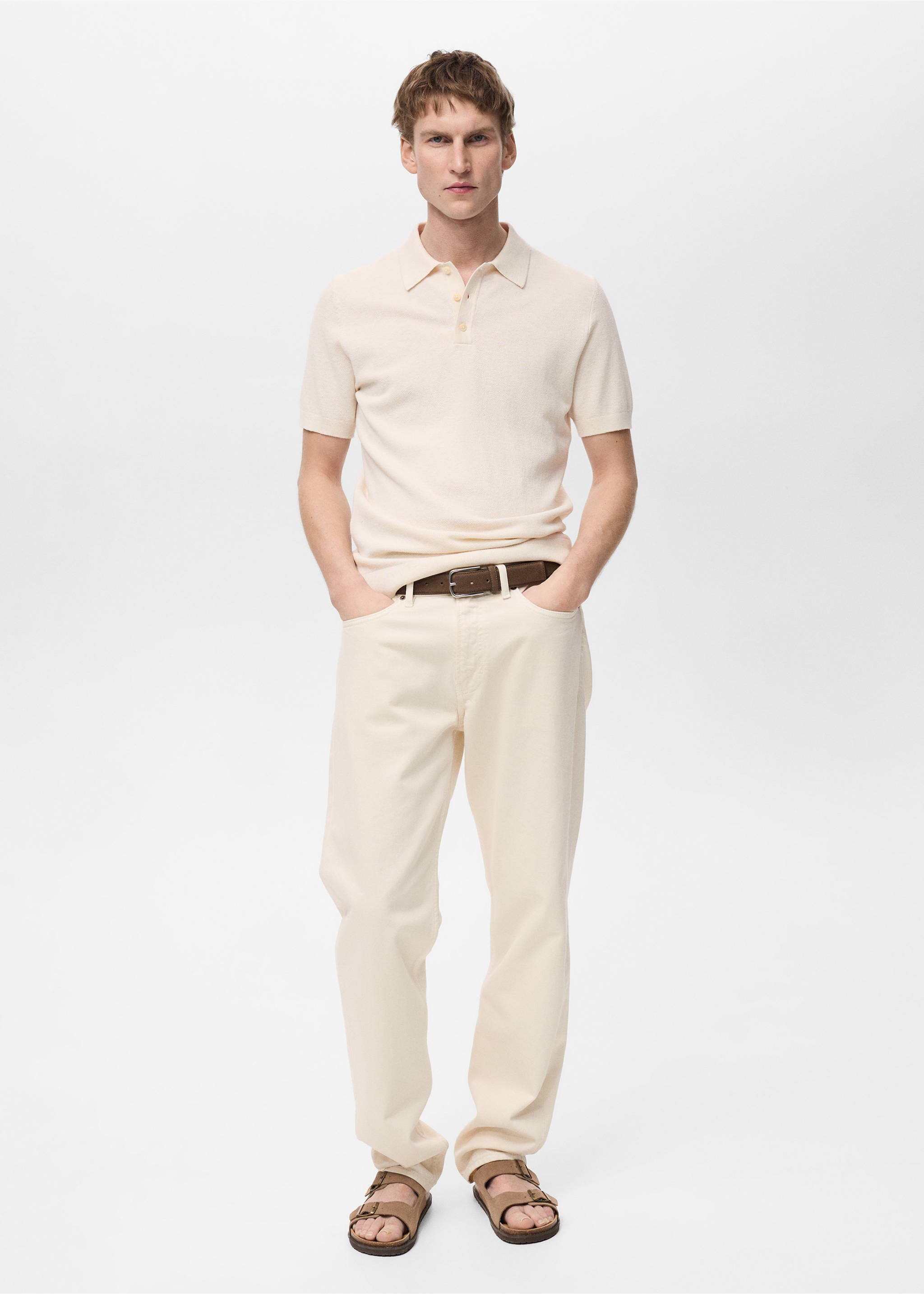 Structured knitted slim-fit polo shirt - General plane, Ivory White. Ref: 87065932-00.
